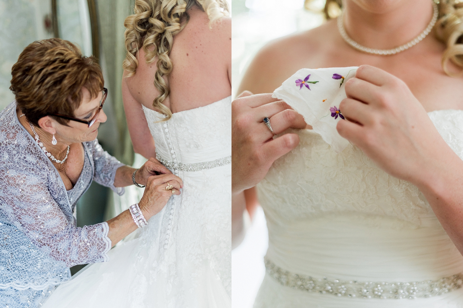 Bride getting ready pictures, something borrowed, grandma helping button brides gown