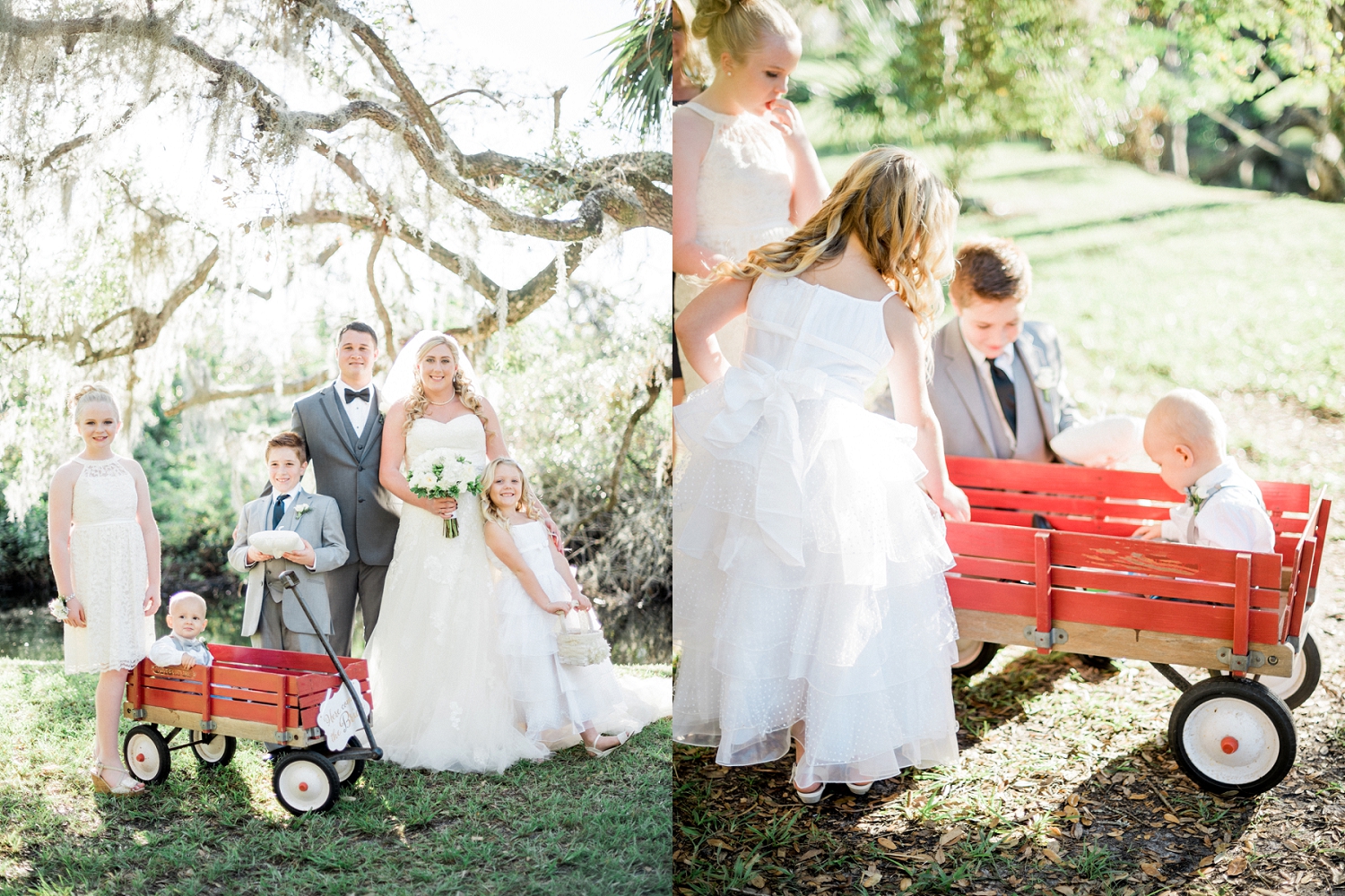 wedding party, white palette wedding party, ring bearer in wagon