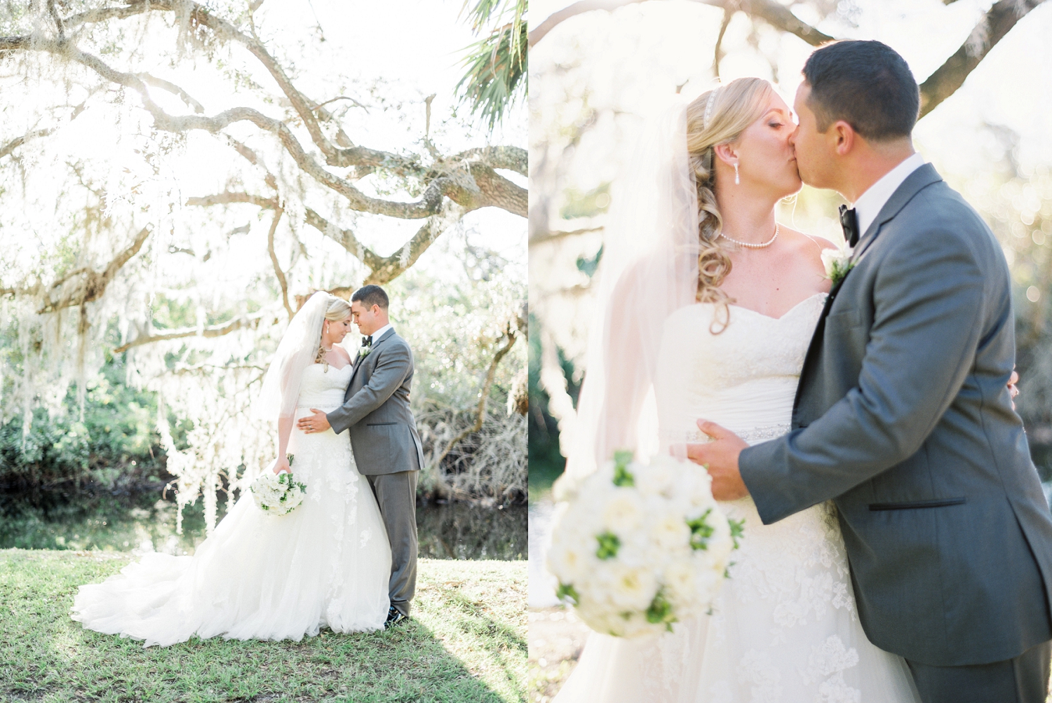 bride and groom under the mossy oaks at up the creek farm