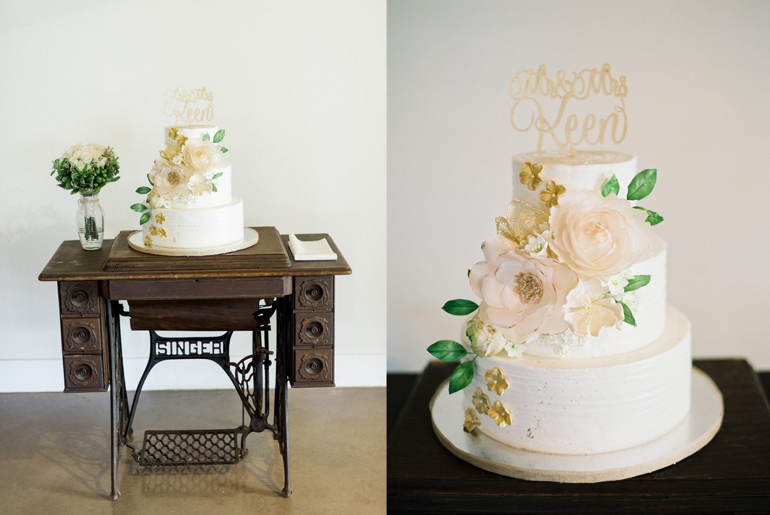 sandras cakes, blush and gold wedding cake, calligraphy cake topper, vintage cake stand ideas, floral wedding cake