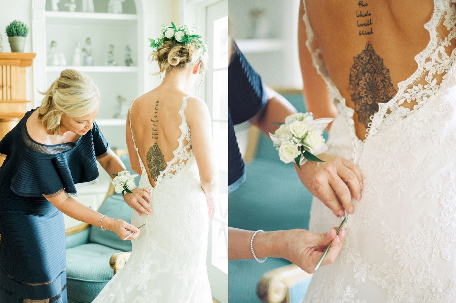 stella york wedding gown, lace wedding gown, bride getting into dress, tattoo'd bride