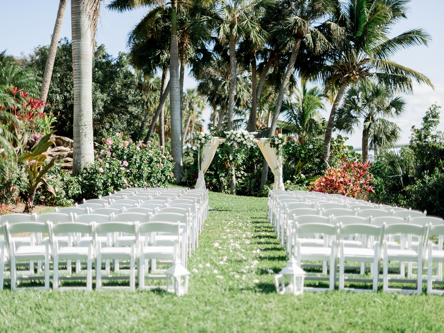 tropical wedding ideas, white and gold wedding, tropical wedding ceremony decor, white floral wedding ceremony decor ideas