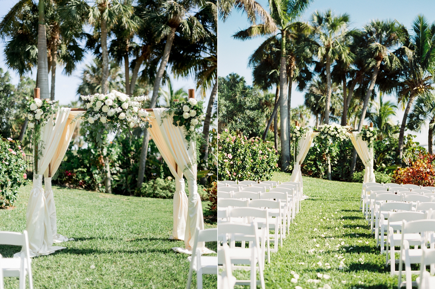 wooden wedding ceremony arbor, floral ceremony decor, white roses and greenery ceremony decor