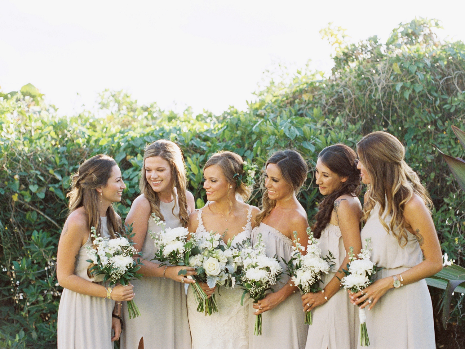 stella york wedding gown, nude bridesmaids dress, wedding party, white and greenery bouquet