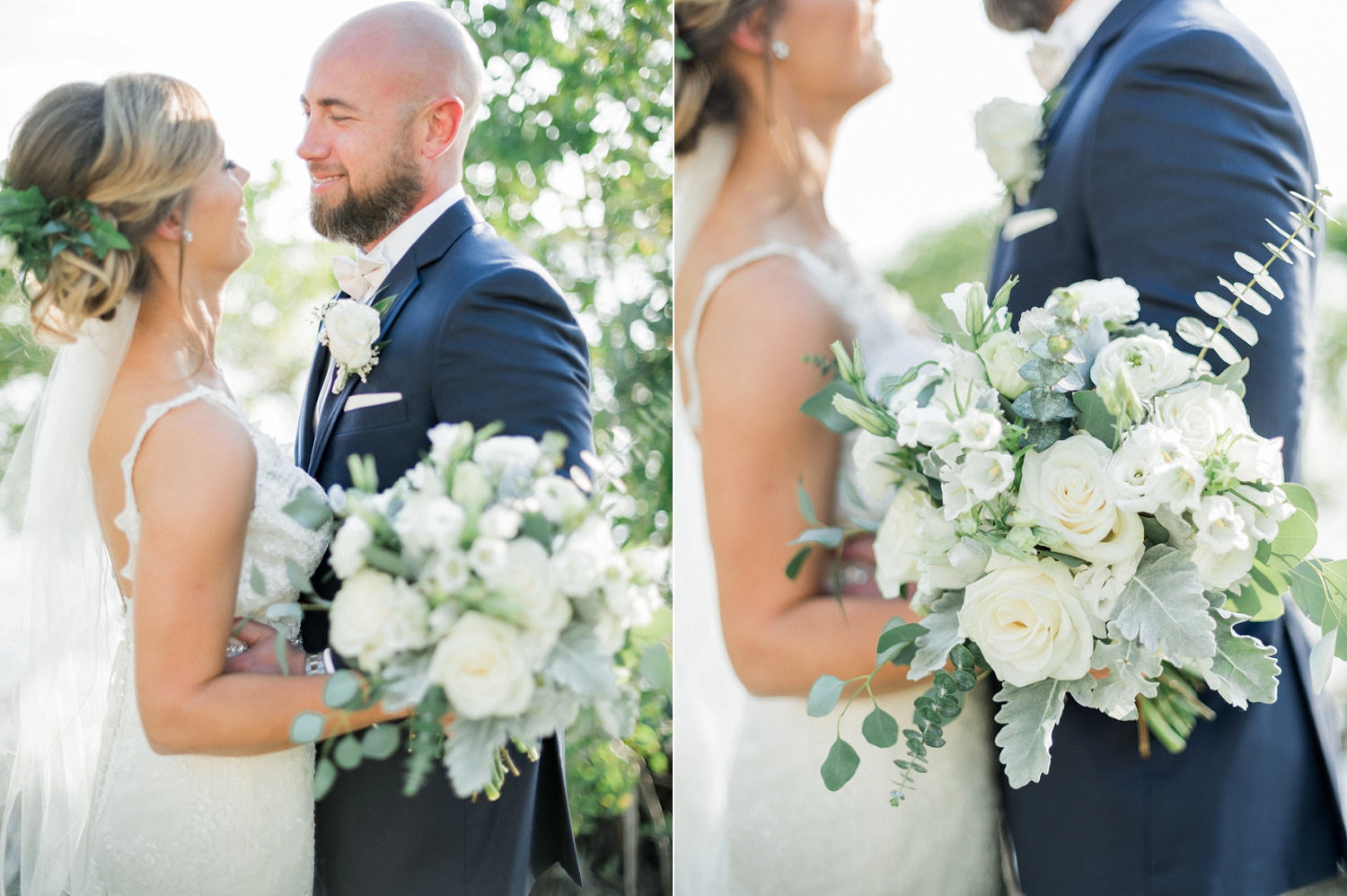stella york wedding gown, white rose and greenery bouquet, navy grooms attire