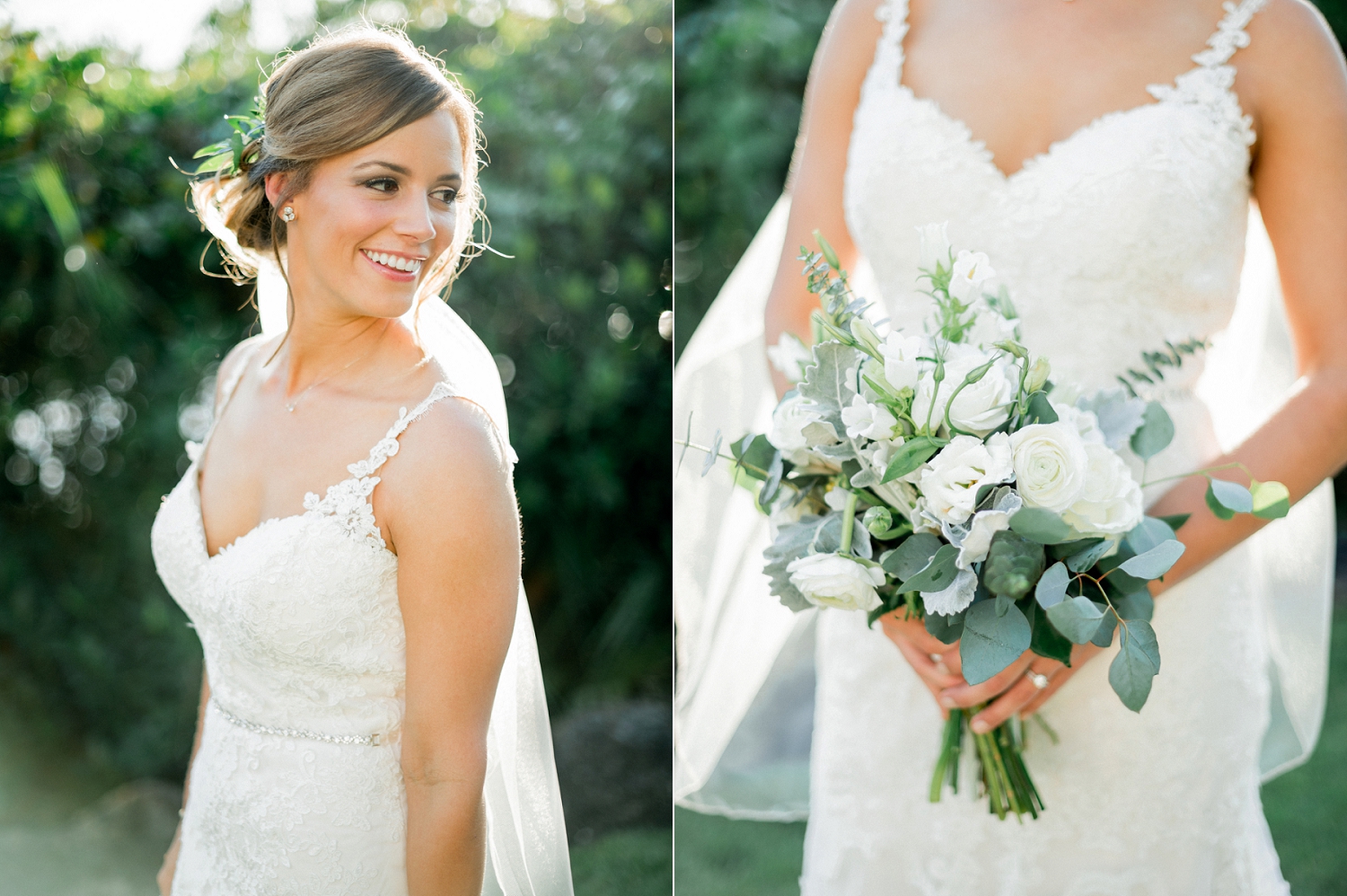 stella york wedding gown, white rose and greenery bouquet, lace wedding gown