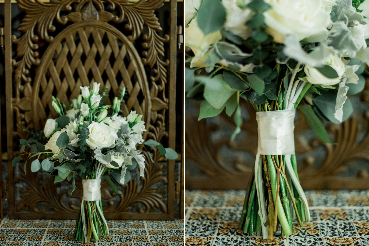 white and green bouquet, white rose bouquet, bouquet with lots of greenery, classic white bouquet