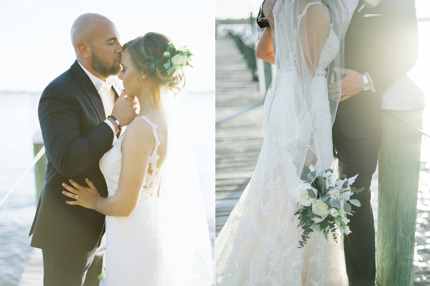 wedding portraits, bride and groom on docks