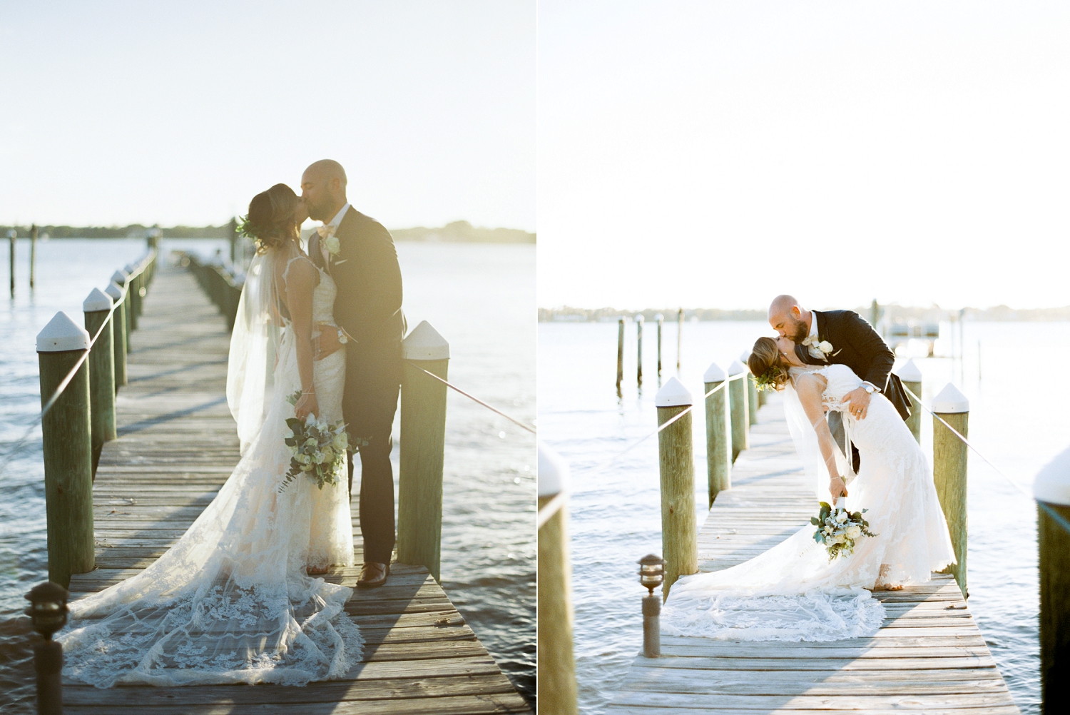 wedding portraits, bride and groom on docks