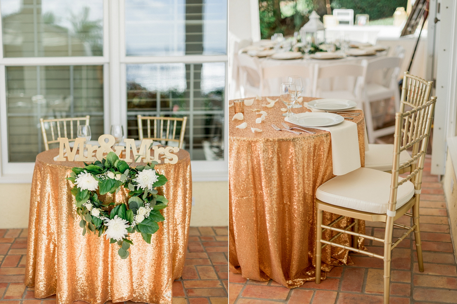 white and gold with greenery wedding reception decor, tropical wedding ideas, tropical wedding reception, sweethearts table