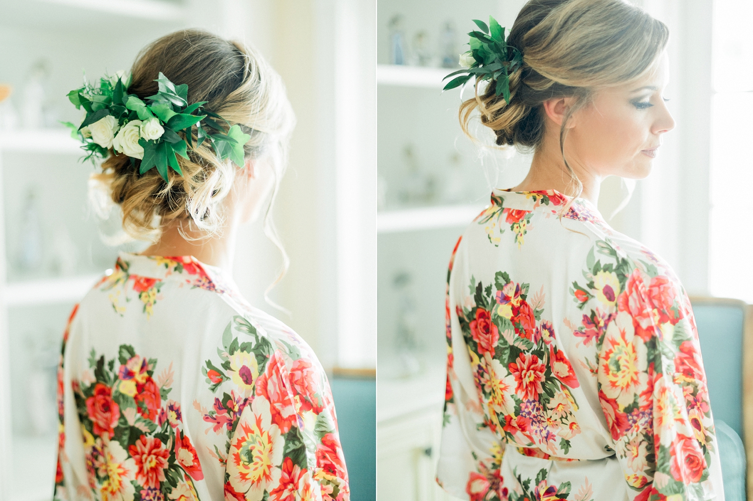 bridal hair, bridal makeup, floral hair style, bridal floral hair piece, Floral bride robe, 