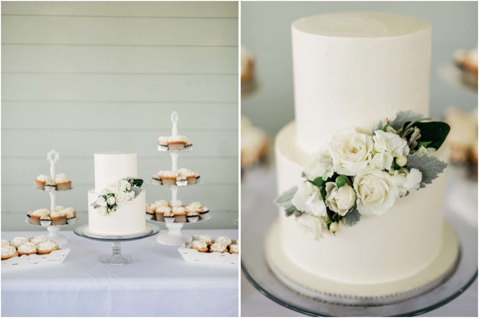 gray white and greenery wedding cake